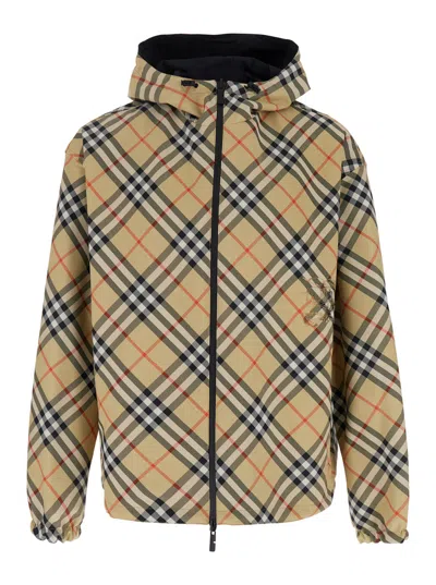 BURBERRY BURBERRY MEN BEIGE REVERSIBLE JACKET WITH EKD LOGO EMBROIDERY ON THE FRONT AND ALL-OVER CHECK MOTIF 