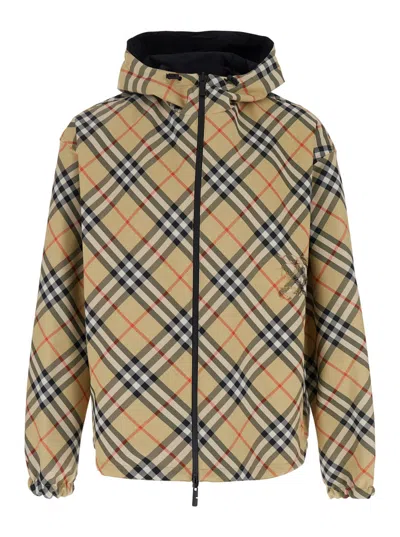 Burberry Beige Reversible Jacket With Ekd Logo Embroidery On The Front And All-over Check Motif In Tech Fabri