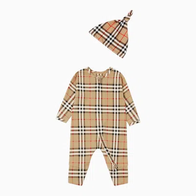 Burberry Beige Romper Suit And Cap Set