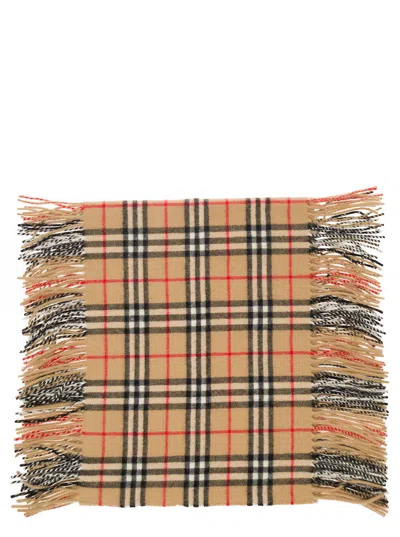 Burberry Beige Scarf With  Check Motif And Fringes In Cashmere Woman