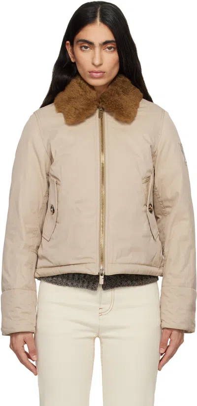 Burberry Beige Shearling Collar Gabardine Down Bomber Jacket In Neutral