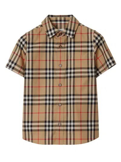 Burberry Kids' Beige Shirt With All-over Check Motif In Stretch Cotton Boy