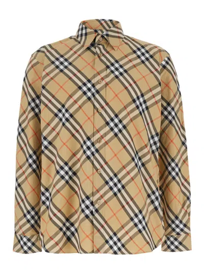 Burberry Beige Shirt With Classic Collar And All-over Check Motif In Cotton Man In Neutrals