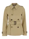 Burberry Beige Short Trench Coat With Waist Belt In Cotton And Tech Fabric Blend Woman In Beige