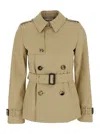Burberry Beige Short Trench Coat With Waist Belt In Cotton And Tech Fabric Blend Woman In Multicolor