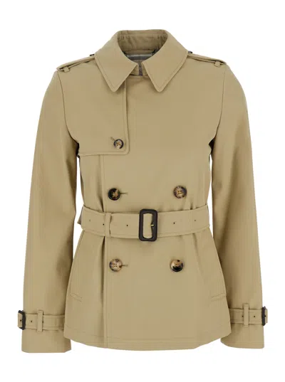 Burberry Beige Short Trench Coat With Waist Belt In Cotton And Tech Fabric Blend Woman