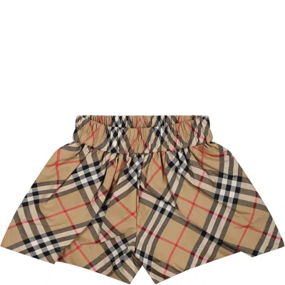 Burberry Kids' Beige Shorts For Baby Girl With Iconic All-over Vintage Check In Brown
