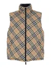 Burberry Beige Sleeveless Reversible Down Jacket With High Neck And All-over Check Motif In Tech Fabric Man In Neutral