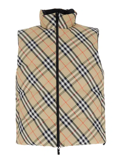 Burberry Beige Sleeveless Vest With All-over Check Motif In Tech Fabric Man