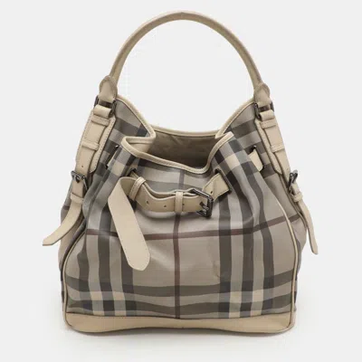 Pre-owned Burberry Beige Smoked Check Pvc And Leather Walden Hobo In Sand