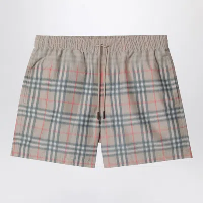 Burberry Beige Swim Shorts With Faded Check Pattern Men In Brown