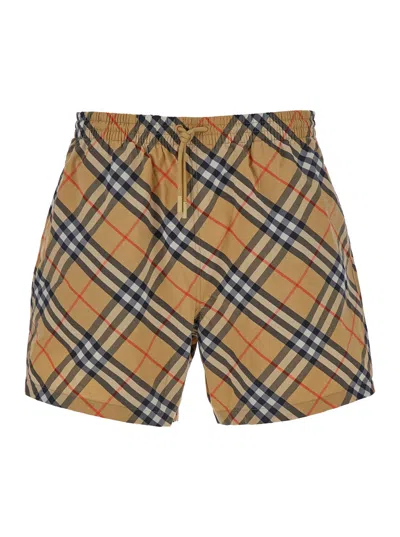 Burberry Beige Swim Trunks With Check Motif In Polyamide Man In Multicolor