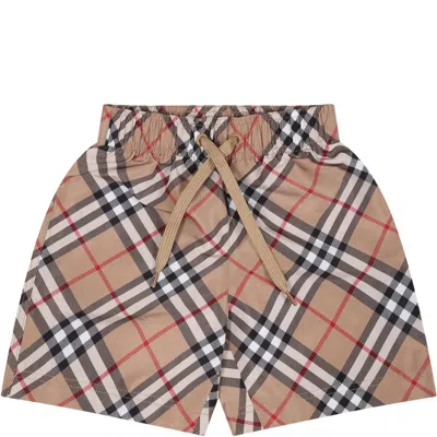 Burberry Kids' Beige Swimsuit For Baby Boy With Vintage Check In Brown