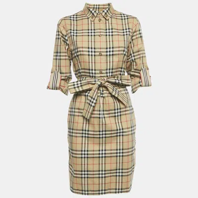 Pre-owned Burberry Beige Tartan Check Cotton Button Front Belted Short Dress M In Sand