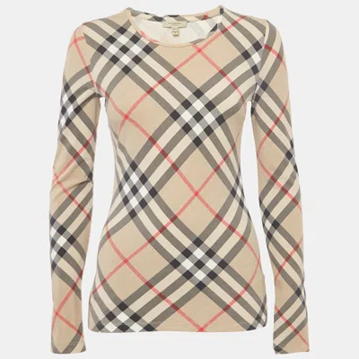 Pre-owned Burberry Beige Tartan Check Print Cotton Long Sleeve Top S In Sand