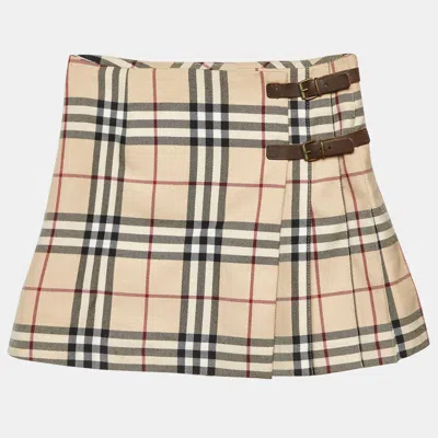 Pre-owned Burberry Beige Tartan Check Wool Blend Pleated Wrap Skirt 8 Yrs