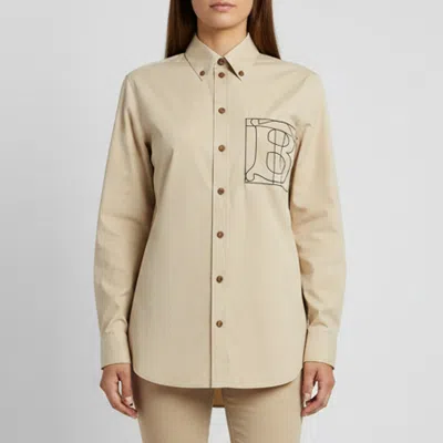 Pre-owned Burberry Beige Tb Monogram Embroidered Long Sleeve Shirt S