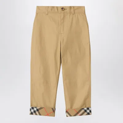 BURBERRY BEIGE TROUSERS WITH CHECK TURN-UPS