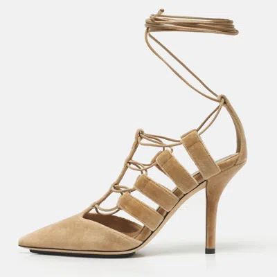 Pre-owned Burberry Beige Velvet Bethany Ankle Wrap Pumps Size 37 In Sand