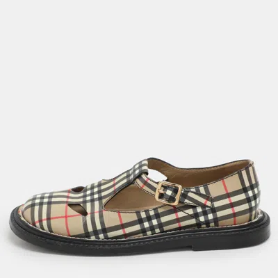 Pre-owned Burberry Beige Vintage Check Leather T-bar Shoes Size 38.5