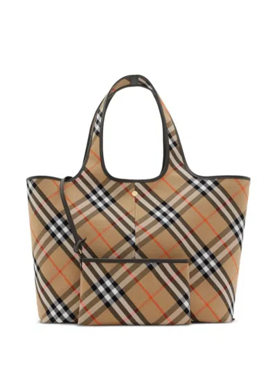 Burberry Check Pattern Tote With Calfskin Trim In Multicolour