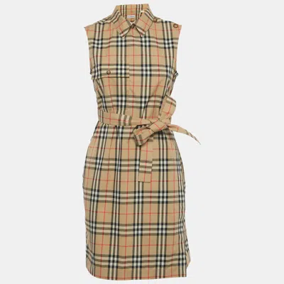 Pre-owned Burberry Beige Vintage Check Print Cotton Wrap Around Mini Dress S In Sand