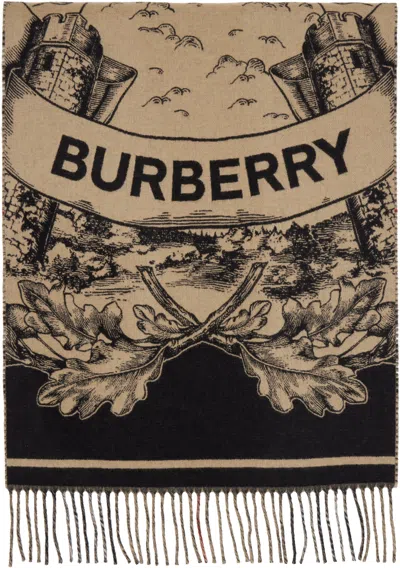 Burberry Beige Wide Reversible Ekd Cashmere Scarf In Brown