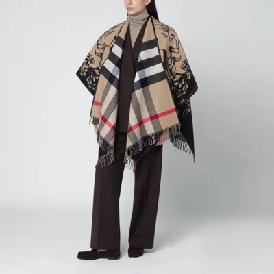 Burberry Beige Wool Cape With Logo Intarsia In Sand