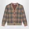 Burberry Beige Wool Cardigan With Check Motif In Brown