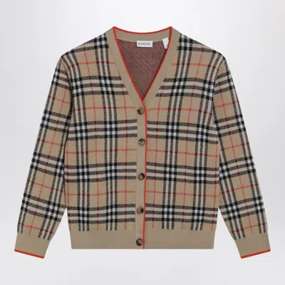Burberry Kids' Beige Wool Cardigan With Check Motif In Brown