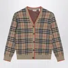 Burberry Beige Wool Cardigan With Check Motif In Brown