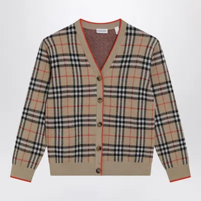 Burberry Beige Wool Cardigan With Check Motif In Brown