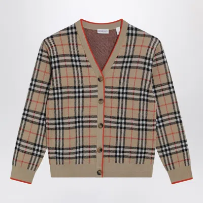 Burberry Beige Wool Cardigan With Check Motif In Brown