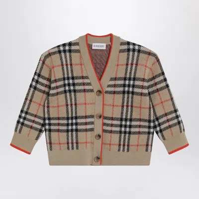 Burberry Beige Wool Cardigan With Check Motif In Multi