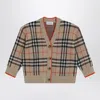 Burberry Beige Wool Cardigan With Check Motif In Neutral