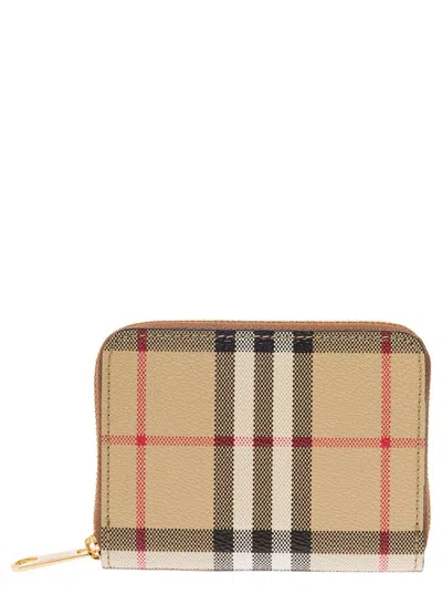 Burberry Beige Zip-around Wallet With Vintage Check Motif In Canvas Woman In Brown