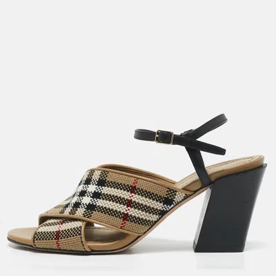 Pre-owned Burberry Beige/black Canvas And Leather Castlebar Ankle Strap Sandals Size 38