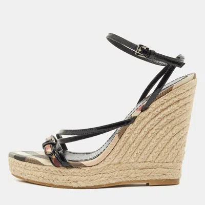 Pre-owned Burberry Beige/black Check Patent Leather And Canvas Espadrille Wedge Sandals Size 38