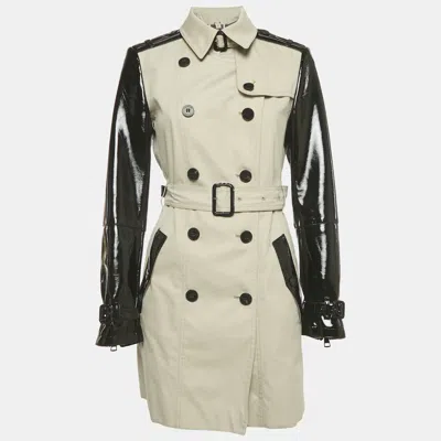 Pre-owned Burberry Beige/black Gabardine And Faux Leather Short Trench Coat M In Sand
