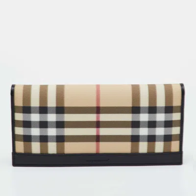 Pre-owned Burberry Beige/black Halton House Check Pvc And Leather Continental Wallet In Sand