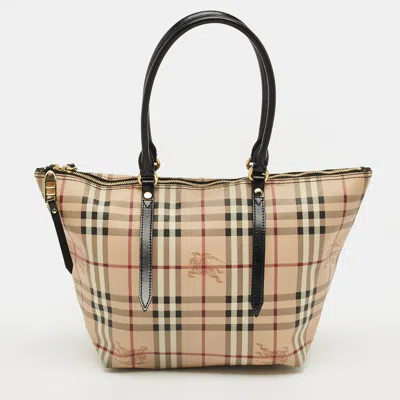 Pre-owned Burberry Beige/black Haymarket Check Coated Canvas And Leather Salisbury Tote In Sand