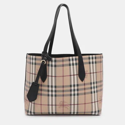 Pre-owned Burberry Beige/black Haymarket Check Pvc And Leather Lavenby Reversible Tote In Sand
