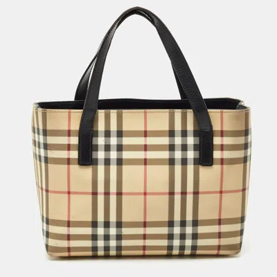 Pre-owned Burberry Beige/black House Check Coated Canvas And Leather Tote