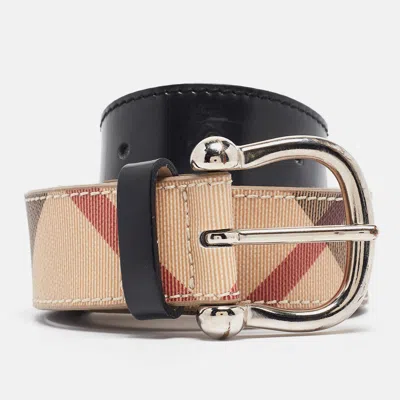 Pre-owned Burberry Beige/black House Check Pvc And Leather Buckle Belt 100cm