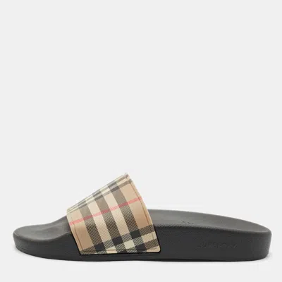 Pre-owned Burberry Beige/black House Check Pvc Furley Flat Slides Size 36
