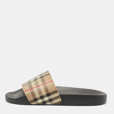 Pre-owned Burberry Beige/black House Check Rubber Furley Flat Slides Size 38 In Sand