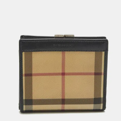 Pre-owned Burberry Beige/black Housecheck Coated Canvas And Leather Kiss Lock Compact Wallet In Sand