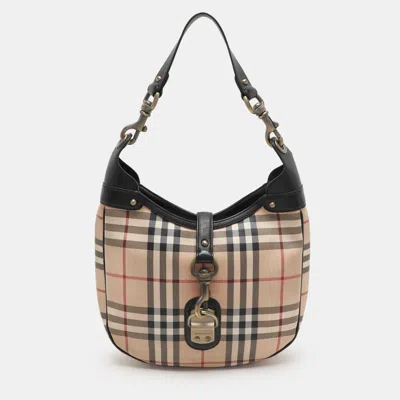 Pre-owned Burberry Beige/black Leather And House Check Pvc Hobo