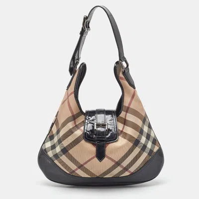 Pre-owned Burberry Beige/black Nova Check Coated Canvas And Patent Leather Brooke Hobo In Sand