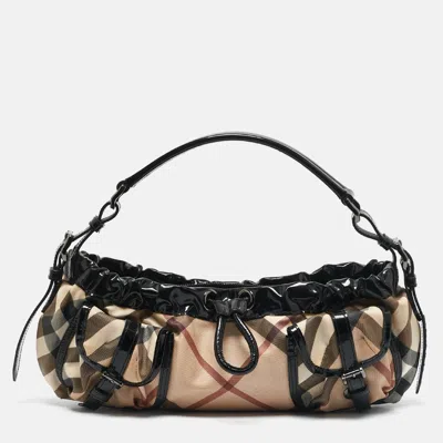 Pre-owned Burberry Beige/black Nova Check Pvc And Patent Leather Front Pocket Bag In Sand